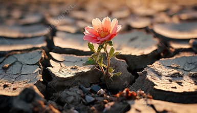 Resilient flower blooming through cracked dry soil