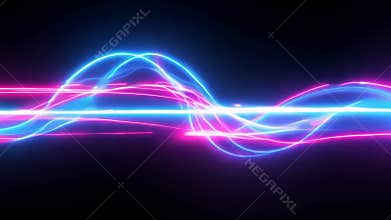 Wavy and straight lines of light are glowing in blue and pink hues, creating an abstract shape against a black