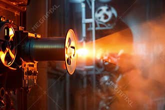Cinematic Close-Up of a Retro Film Projector Casting Warm Orange Light, Evoking the Golden Age of Cinema