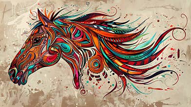 Female artist\'s depiction of a horse head with vibrant tribal designs.
