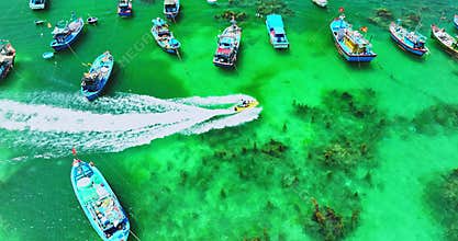 Fishermen\'s boats moored in Nhon Hai sea, Binh Dinh province, Vietnam.