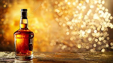 Scotch whiskey or brandy bottle, alcohol drink isolated on the table with luxury golden background and copy space