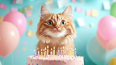 Adorable cat celebrates birthday with colorful balloons and cake