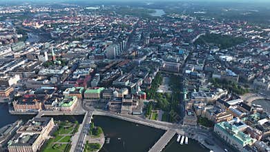 Aerial view of Stockholm old town. Flying over the bay. Amazing drone footage of Stockholm yacht canal