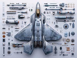 Dismantlement diagram of Fighter Jet, the Fighter Jet is in the middle of the picture, and Fighter Jet parts are neatly