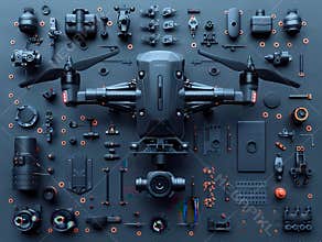 Dismantlement diagram of Drone, the Drone is in the middle of the picture, and Drone parts are neatly placed around it