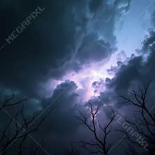 A stormy sky with flashes of lightning, illuminating the dark clouds, tree branches reach the sky, fear, horor, backgrounds