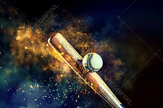 Baseball ball and bet close up banner on fire background. Template for bookmaker ads with copy space. Mockup for betting