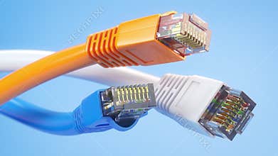 Internet network connectors rj45 and ethernet cables of various colors. 3d animation