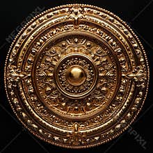 Ornate golden shield with intricate patterns on dark background