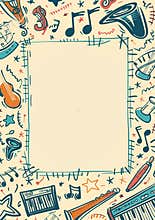 A simple doodle style poster background for a concert featuring musical notes, instruments, and a