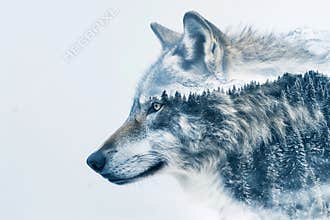 Double exposure of wolf portrait and winter forest landscape