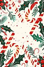 Vertical poster background design in flat minimalistic style, flat candy canes and holly leaves