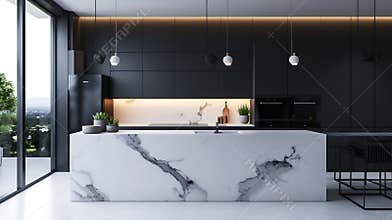 Generative AI Front view of a modern designer kitchen with smooth handleless cabinets with black edges, black glas
