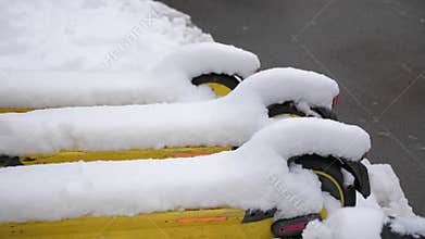 Close-up urban rental scooters stand in a row covered with snow on the road.