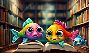 School of fish. Cute and colorful fish swimming in a library
