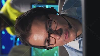 Workplace of the air traffic controllers in the control tower. Team of professional aircraft control officers works