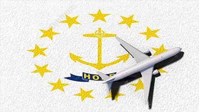 Rhode Island State Flag And Airplane Fly. Flight And Travel Concept