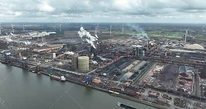 erial drone view on the metal production blast furnacs of Ghent, Belgium. Production of steel and metal products. Heavy