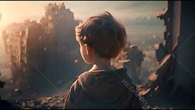A lonely boy in an abandoned old children's school, old walls, abandoned strange left of our desert scenery, cinema