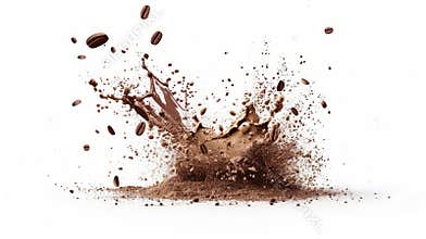 A realistic cracked coffee bean and ground powder burst with brown particles splashing around, granules flying, isolated