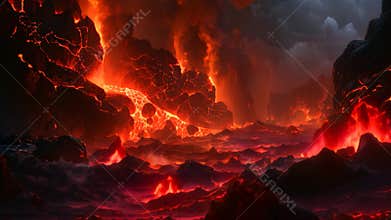 3D illustration of a volcano eruption with lava and lava in the ocean, Lava entering the ocean with many small flows