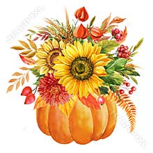 Pumpkin, sunflower flowers, leaves Watercolor. Vintage Fall botanical painting. Hand-painted autumn illustration clipart