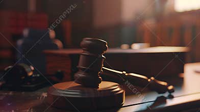 Generative AI judgment hammer Legal office Attorney at law Law and justice Wooden judge gavel closeup view lawyers
