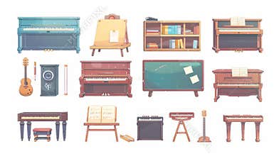 The elements of a music classroom design are depicted as cartoons on white. The instruments are vintage piano, guitar