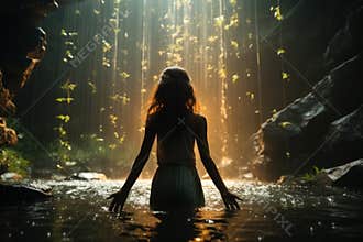 Graceful woman standing under a waterfall, surrounded by splashing water in a serene natural setting