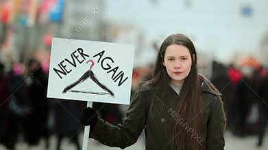 Never again hanger. Abortion symbol banner. Female rights protest demonstration.