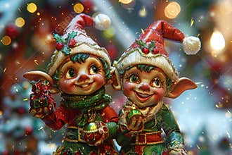Cheerful christmas elves with festive decorations