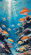 Group of Fish Swimming in a Coral Reef Underwater photography, vibrant colors