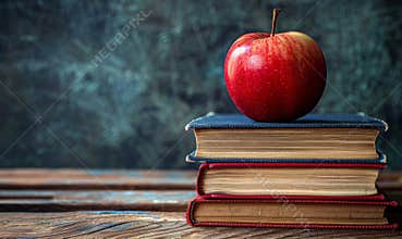 A Red Apple Resting Atop Stacked Books On Wooden Table