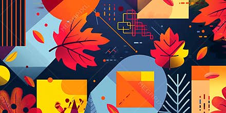 Abstract geometric autumn leaves and shapes in vibrant colors. Concept of fall foliage, modern art, colorful patterns