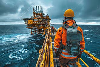 Offshore scaffolding on pipeline with new oil gas platform in sea industrial panorama