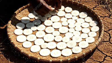 Cassava Root Slices Drying in Wicker Tray on Cracked Earth Surface Top View Agriculture and Traditional Food