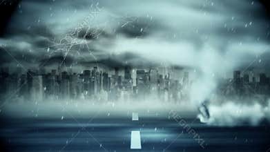 Tornado blowing over road during storm