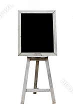 Old Blank black art board, wooden easel, front view