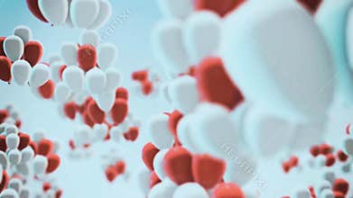Vibrant red and white spheres floating in air