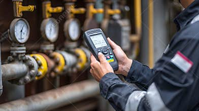 Technician using handheld gas detector near industrial pressure gauges for methane monitoring and pipeline inspection