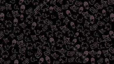 Black background filled with small hand-drawn outline baby stroller icons