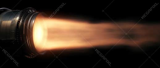 Futuristic engine blasting fiery orange energy beam