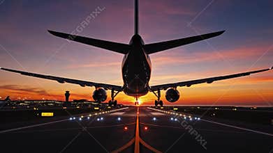 Airplane Landing at Sunset on Airport Runway