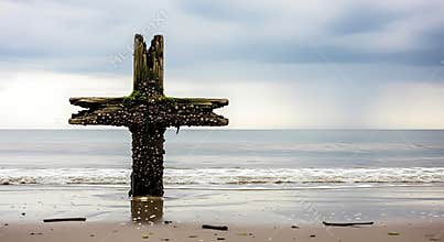 Weathered Wooden Cross Structure Covered in Barnacles Stands Against a Moody Seascape on a Sandy Beach