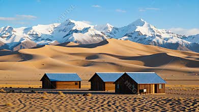 Serene Desert Oasis with Snow-Capped Mountains and Blue Sky