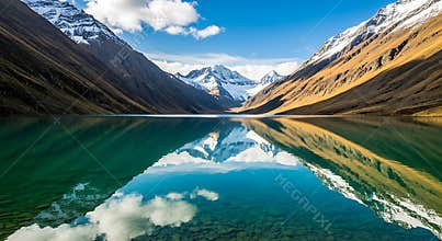 Turquoise lake reflecting snow capped mountains and golden hillsides reflection water