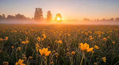 Yellow wildflowers in misty sunrise light with sunbeams through trees field