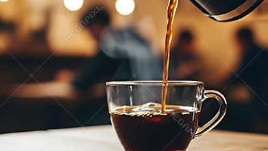 Hot coffee being poured into a clear glass mug in a cozy cafe setting