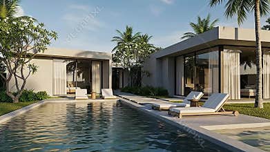 Modern Minimalist Villa with Swimming Pool and Lush Greenery under Blue Sky Luxury Property Architecture Serene Waterside Retreat